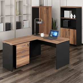 Mesa de Escritório em L com Gaveteiro, Armário Estante e Armário Fechado Espresso Móveis Marrom/Preto