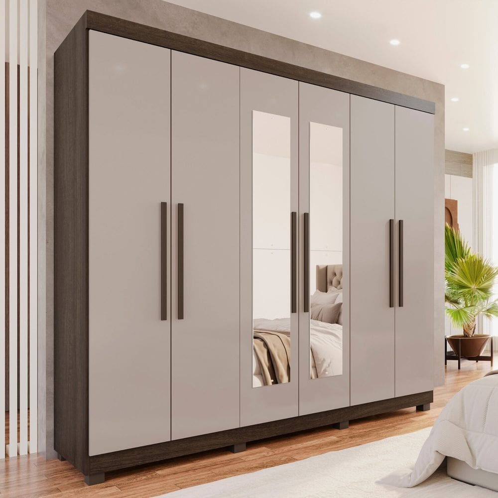 Guarda-roupa 6 Portas 4 Gavetas com Espelho com Pés New Malibu Espresso Móveis Imbuia/Off White