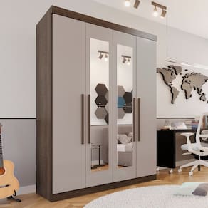 Guarda-roupa Solteiro 4 Portas 3 Gavetas com Espelho Roma Espresso Móveis Imbuia/Off White