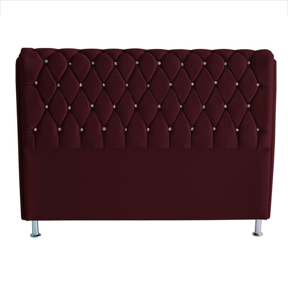 Cabeceira De Cama Box Jully Queen 160 Cm Botão Strass Suede Vinho Eli Móveis