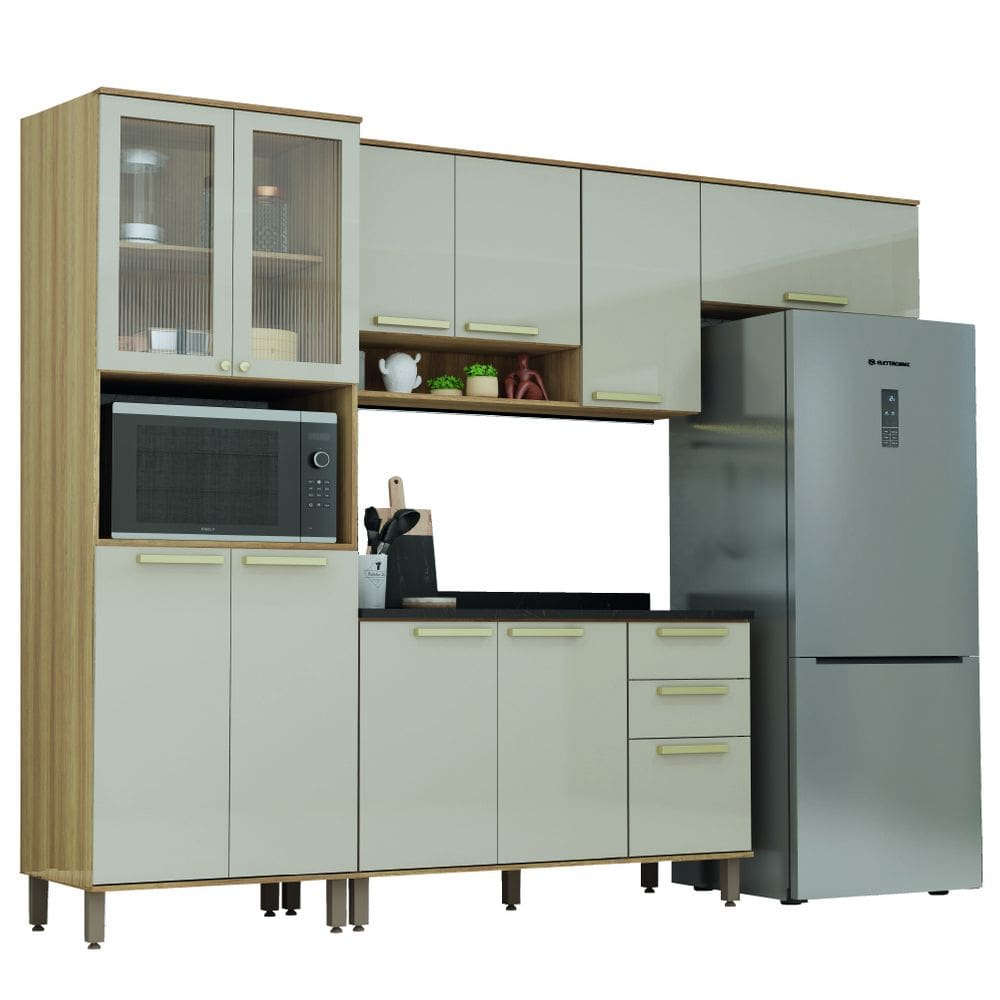 Armário de Cozinha Completa Com Balcão 10 Portas 3 Gavetas Com Vidro e Nicho Para Micro Ondas Madeirado/Mocca Isis Luciane