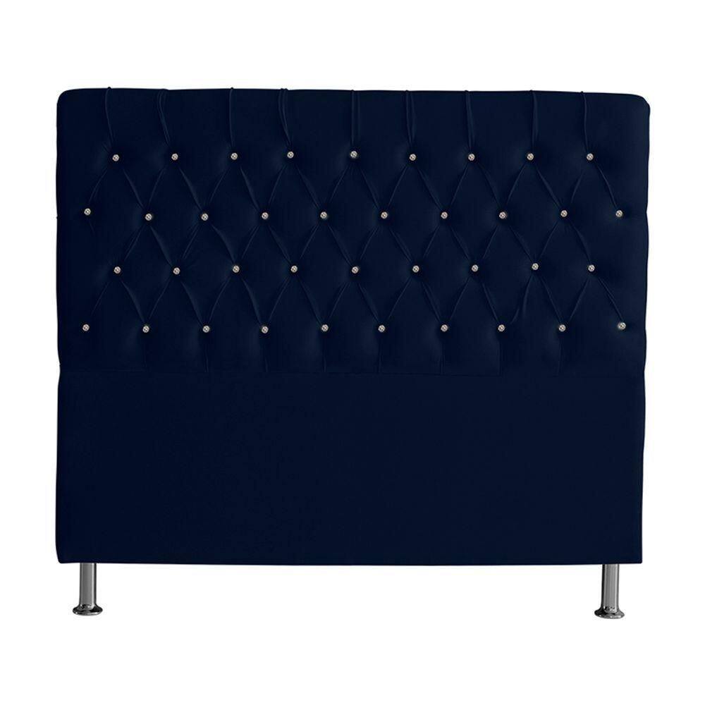 Cabeceira De Cama Box Paris Queen 160 Cm Botão Strass Suede Azul Marinho Eli Móveis