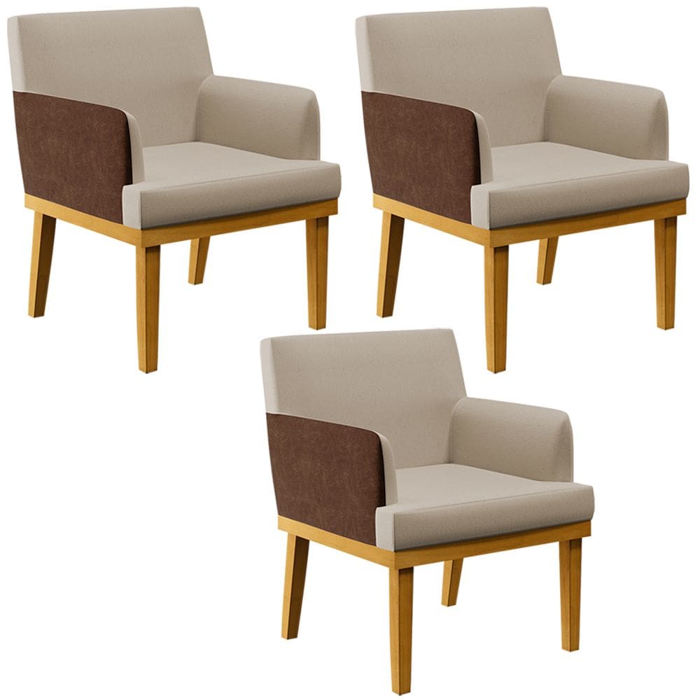 Kit 03 Poltronas Decorativas Base  Beatriz W01 Linho Bege Couríssimo Marrom - Lyam Decor