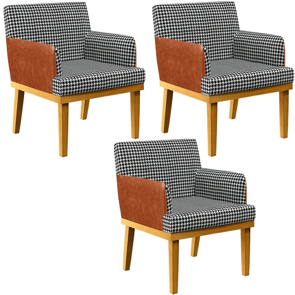 Kit 03 Poltronas Decorativa Base Beatriz W01 Suede Pied Poule Couríssimo Camel - Lyam Decor