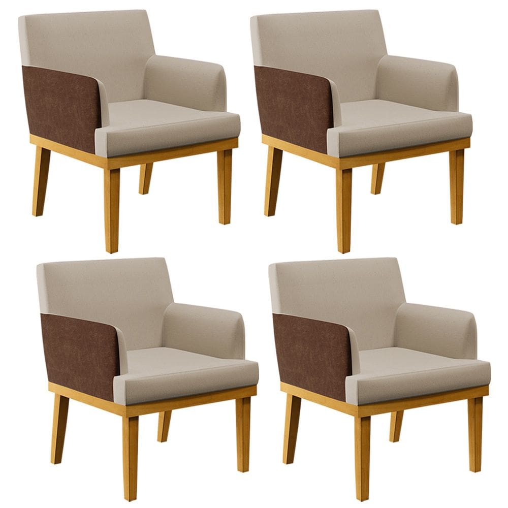 Kit 04 Poltronas Decorativas Base Beatriz W01 Linho Bege Couríssimo Marrom - Lyam Decor