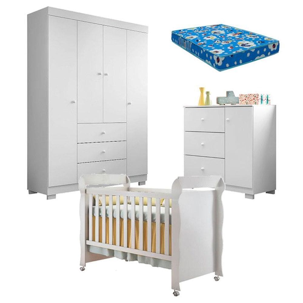 Quarto de Bebê Duda 4 Porta e Berço Americano Mirelle Branco Brilho com Colchão Ortobom – Phoenix Baby
