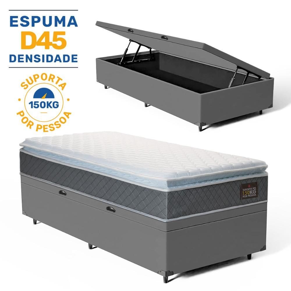 Cama Box Baú com Colchão de Espuma D45 Pillow Top Fort Comfort Solteiro 88cm
