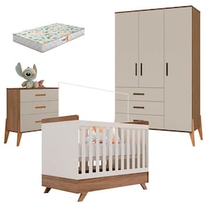 Quarto de Bebê Gaveteiro Emilly 3P e Berço Americano Retro Vitória Off White Carvalho com Colchão Gazin - Canaã
