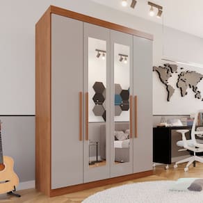 Guarda-roupa Solteiro 4 Portas 3 Gavetas com Espelho Roma Espresso Móveis Cinamomo/Off White