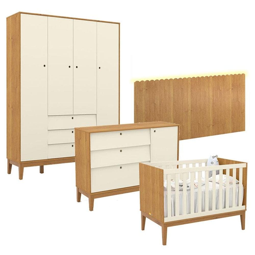 Quarto de Bebê Unique 4 Portas com Cômoda Sapateira e Painel Farm com Led Freijó Off White Eco Wood - Matic