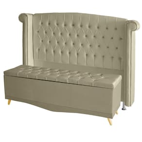 Kit Cabeceira De Cama Box E Calçadeira Baú Luxo King 195 Cm Suede Bege Eli Móveis