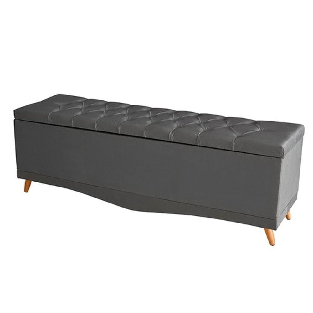Recamier Calçadeira Baú Helena King 195 Cm Botão Encapados Pés Palito Suede Grafite Eli Móveis