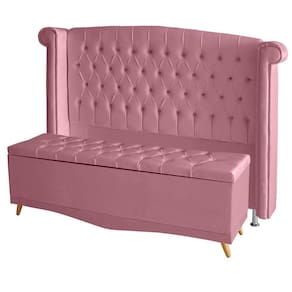 Kit Cabeceira De Cama Box E Calçadeira Baú Luxo Casal 140 Cm Suede Rosa Bebê Eli Móveis