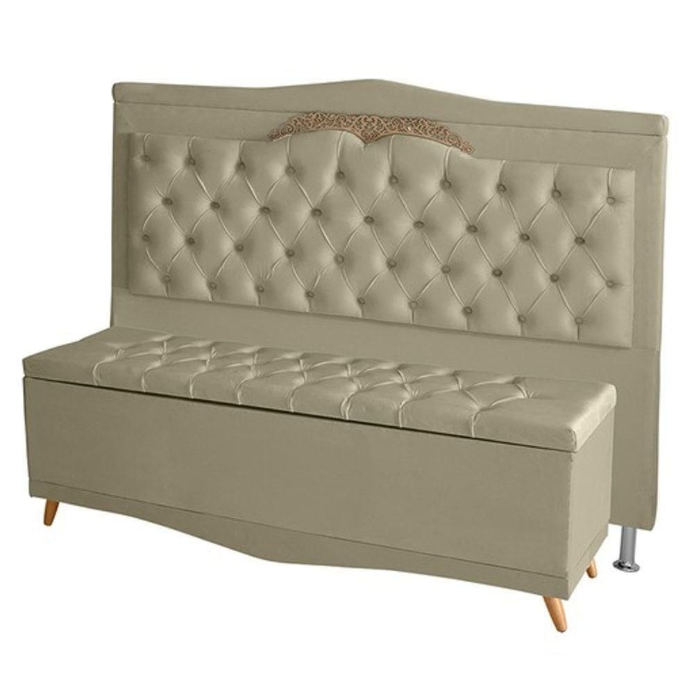 Kit De Cabeceira De Cama Box E Calçadeira Baú Helena Casal 140 Cm Retro Capitonê Suede Bege Eli Móveis