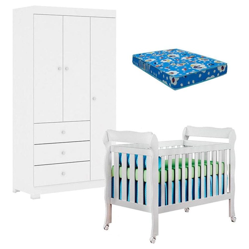Berço Americano Lila e Guarda Roupa Duda 3 Portas Branco Brilho com Colchão Ortobom – Phoenix Baby