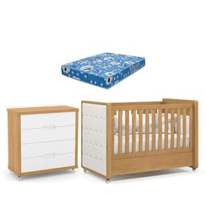 Berço Americano com Capitonê New Boucle e Cômoda Gaveteiro Infantil Tutto New Freijó e Colchão Ortobom - Matic
