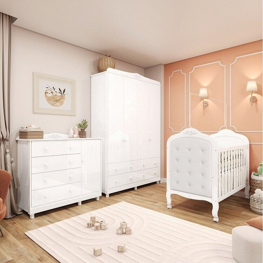Quarto de Bebê com Guarda-roupa Cômoda e Berço com Capitonê 100% Mdf Maya Clássico Espresso Móveis Branco Brilho/Branco