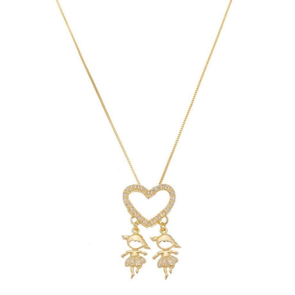 Colar Com Pingente Duas Meninas Filhas Banho De Ouro