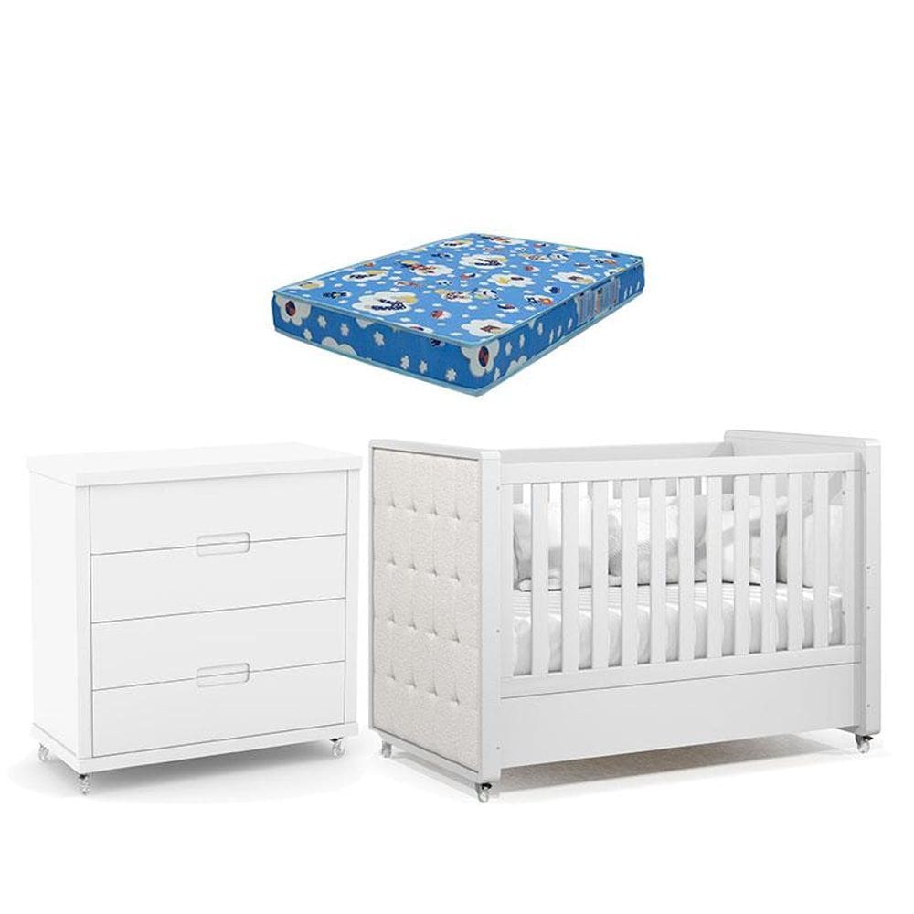 Berço Americano com Capitonê New Boucle e Cômoda Gaveteiro Infantil Tutto New Branco Acetinado e Colchão Ortobom - Matic
