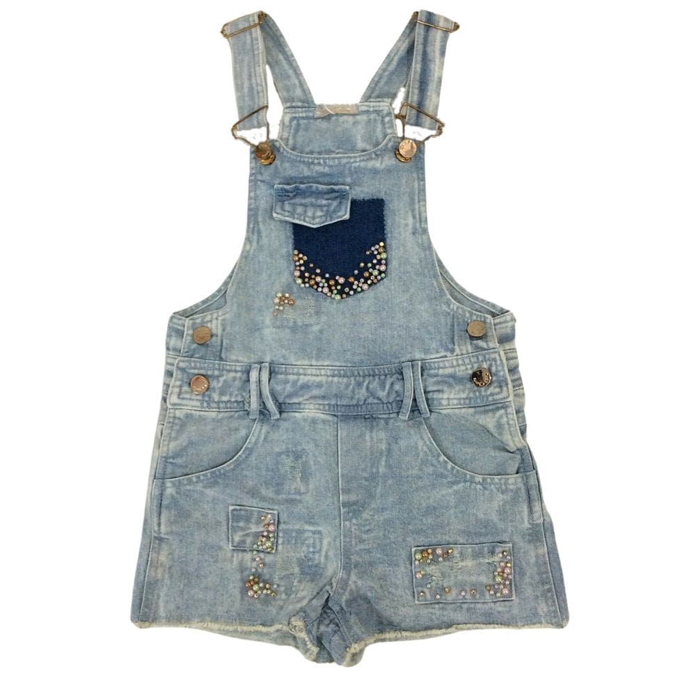 Jardineira Jeans infantil fem com perolas Petit Cherie