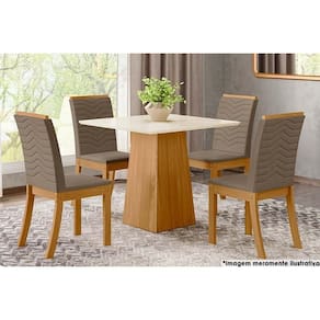Sala de Jantar Completa Dora Tampo Madeirado 90cm e 4 Cadeiras Isa Nature/Veludo Light Bege - Henn