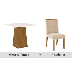Conjunto: Mesa Sala Jantar Dora c/ Tampo Madeirado 90cm + 4 Cadeiras Tauá Nature/Veludo Light Linho - Henn
