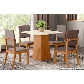 Sala de Jantar Completa Dora Tampo Madeirado 90cm e 4 Cadeiras Milla Nature/Veludo Light Marrom Amendoa - Henn