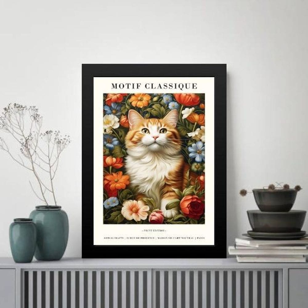 Quadro Poster Arte Gato Com Flores 45X34Cm