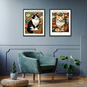 Kit 2 Quadros Gatos Com Flores - William Morris 45X34Cm
