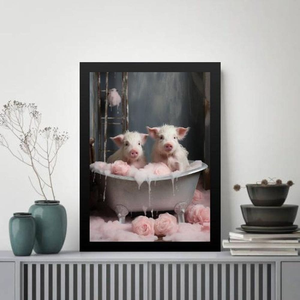 Quadro Decorativo Banheiro - Porquinhos 33X24Cm - Com Vidro
