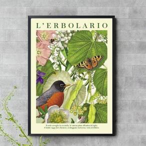 Quadro Pássaros Borboleta E Vegetação 24X18Cm - Com Vidro