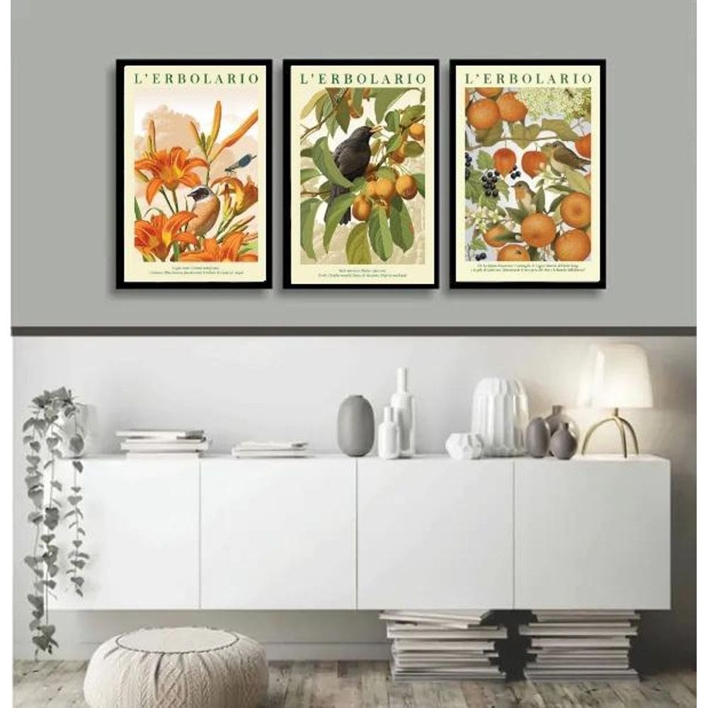 Kit 3 Quadros Passarinhos Flores E Frutos Laranja 24X18Cm