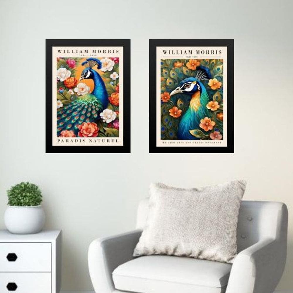 Kit 2 Quadros Arte Pavão - William Morris 33X24Cm