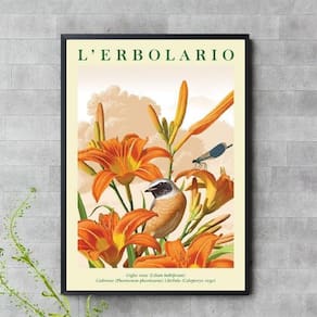 Quadro Floral Laranja Com Passarinho 45X34Cm - Com Vidro