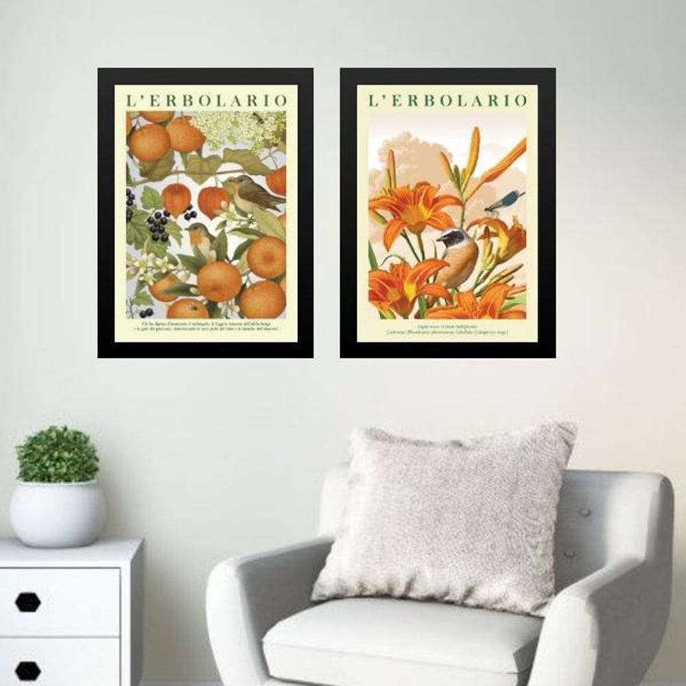 Kit 2 Quadros Flores Laranjas Passarinhos 33X24Cm - Vidro