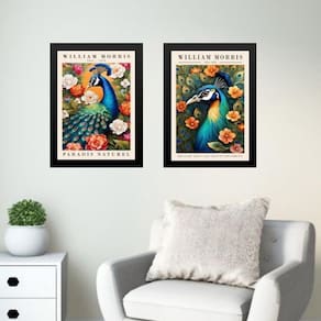 Kit 2 Quadros Arte Pavão - William Morris 45X34Cm - Vidro