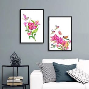 Kit 2 Quadros Passarinhos Beija-Flores 33X24Cm - Com Vidro