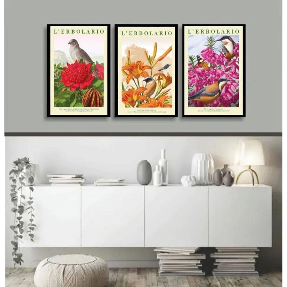 Kit 3 Quadros Passarinhos Flores Colorido 33X24Cm - Vidro