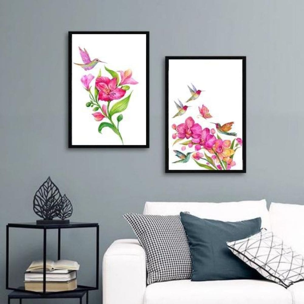 Kit 2 Quadros Passarinhos Beija-Flores 45X34Cm - Com Vidro