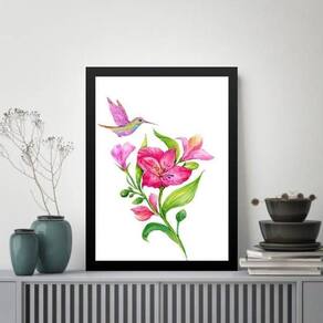 Quadro Pássaro Beija-Flor Rosa 24X18Cm - Com Vidro