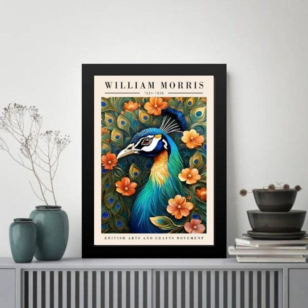Quadro Poster Pavão - William Morris 45X34Cm - Com Vidro