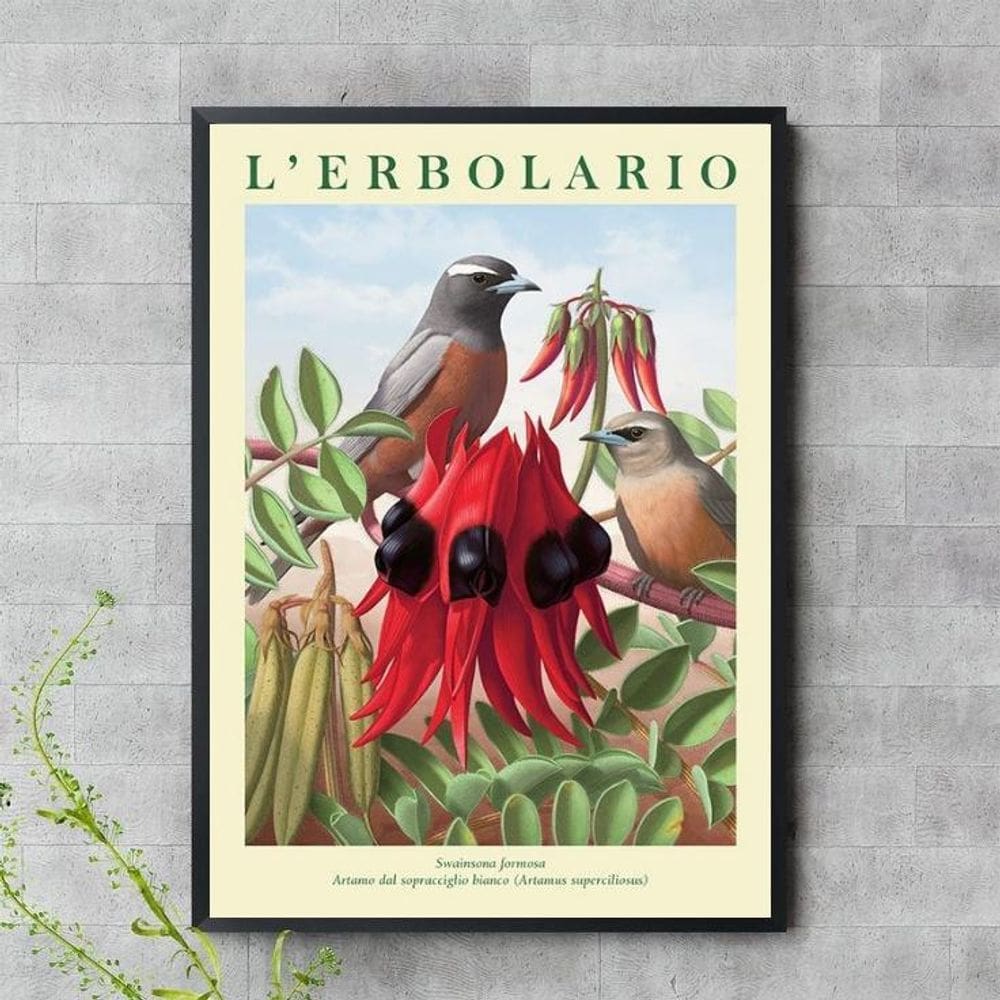 Quadro Flor Vermelha Com Passarinho 33X24Cm