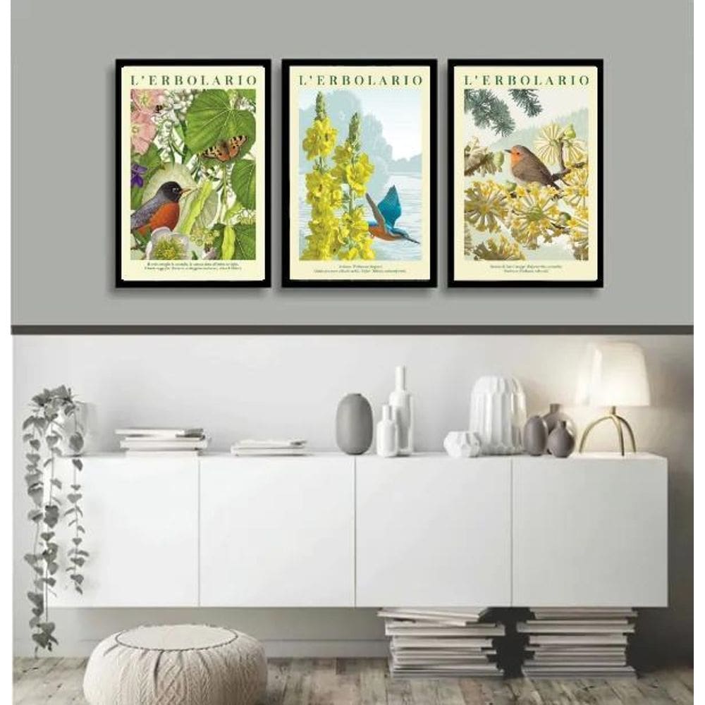 Kit 3 Quadros Passarinhos Flores Espécies 33X24Cm - Vidro