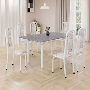 Conjunto de Mesa Retangular 140x75cm Tampo Granito Ocre 6 Cadeiras Lavínea Botanic Bege / Branco