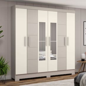Guarda-Roupa Solteiro Malbec 6 Portas 2 Gavetas com Espelho Cristal /Off White - Henn