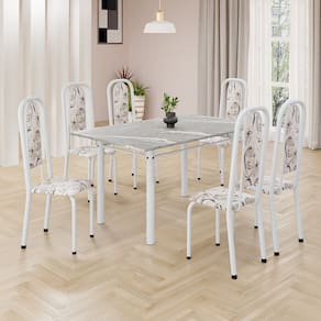 Conjunto de Mesa Retangular 140x75cm Tampo Granito Topázio 6 Cadeiras Lavínea Arabesco/ Branco