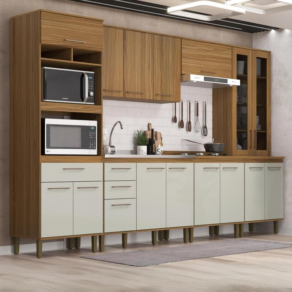 Cozinha Completa com armário, balcão e cristaleira Concept Prime Ipê Cristalo Decibal - Bege Médio