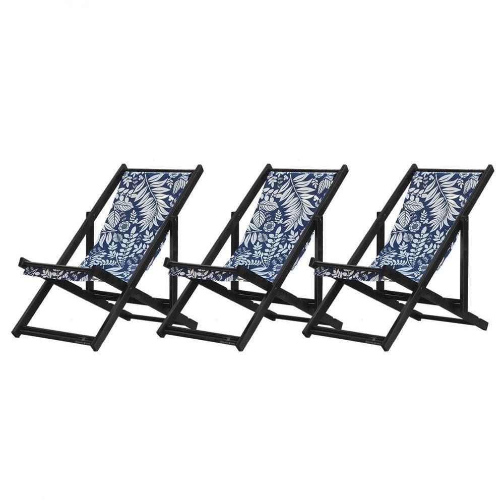 Kit 3 Espreguiçadeiras Dobrável Black Sb-folhas Brancas