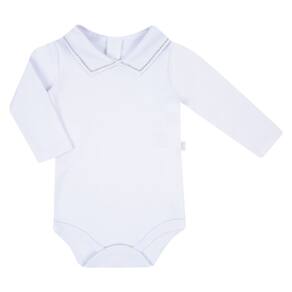 Body Bebê Branco Liso Longo com Gola Bordada em Cinza - Hug
