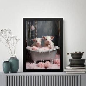 Quadro Decorativo Banheiro - Porquinhos 24X18Cm - Com Vidro